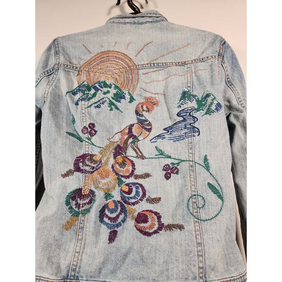 AEROPOSTALE Retro Denim Jean Trucker Jacket Womens M Blue Embroidered Peacock - Picture 8 of 12
